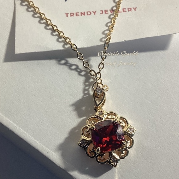 10k Gold Plated Cushion Cut Prong Set Simulated Red Ruby(Cz)Pendant Necklace - Picture 9 of 16